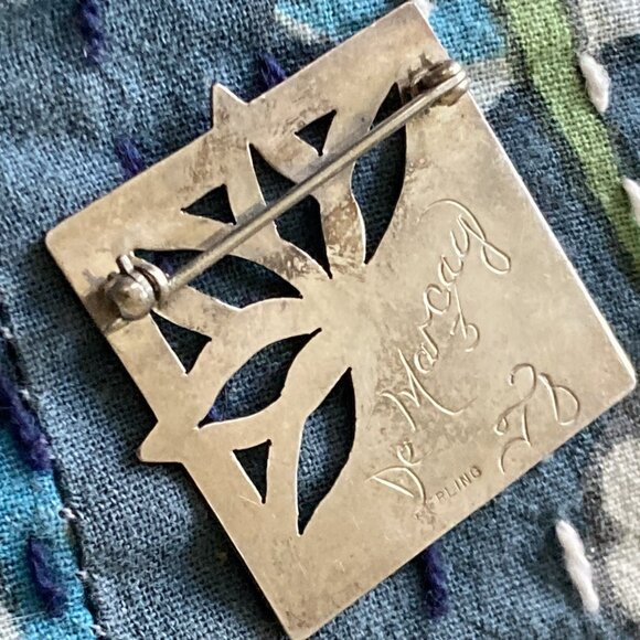 Vintage De Marcay Brooch Sterling Silver Pin Modernist Pierced Western Flower - Picture 8 of 13